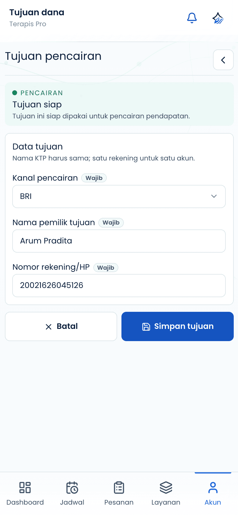 Halaman rekening pencairan terapis