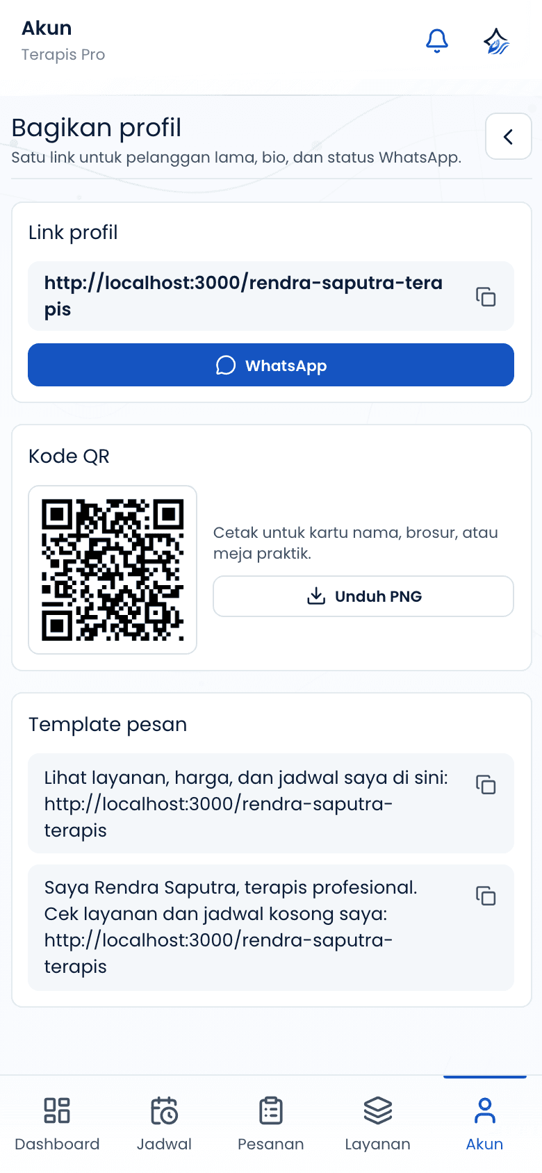 Layar Bagikan profil dengan link, tombol WhatsApp, dan kode QR