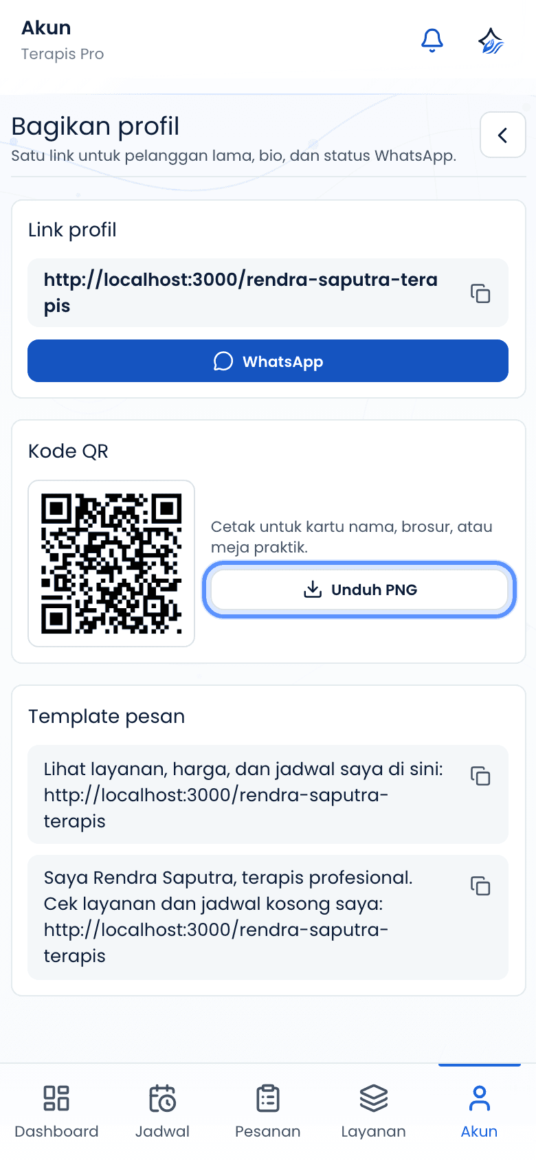 Kode QR profil dengan tombol Unduh PNG