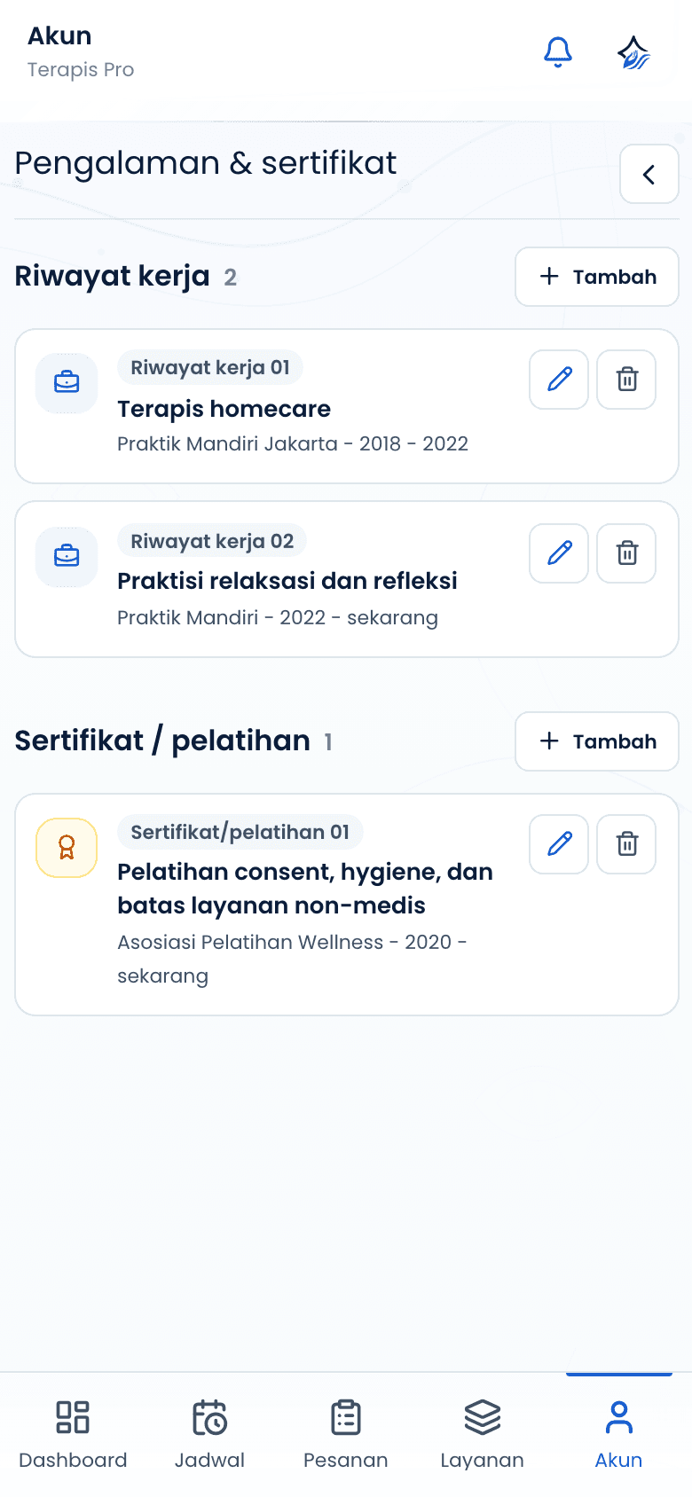 Halaman pengalaman dan sertifikat terapis