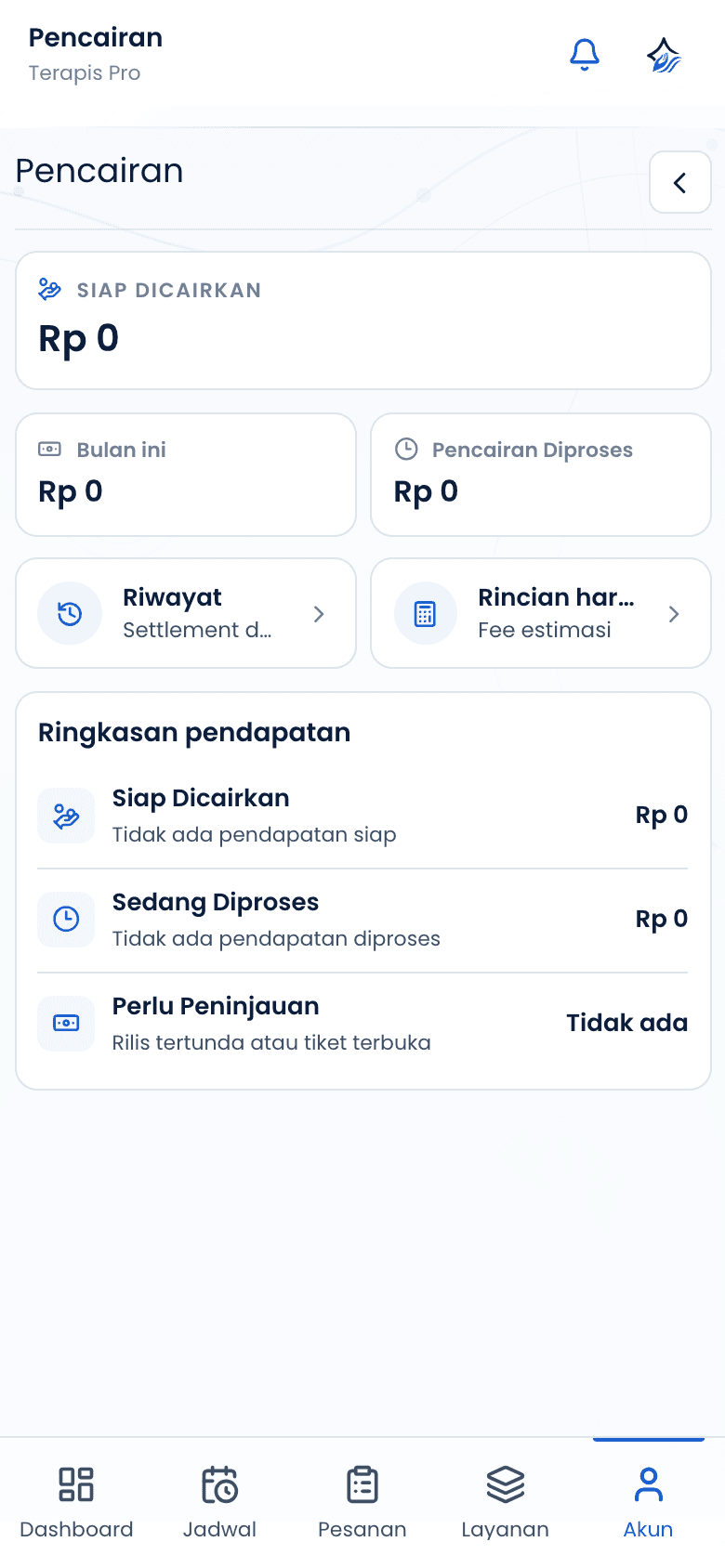 Halaman keuangan terapis dengan tombol cairkan