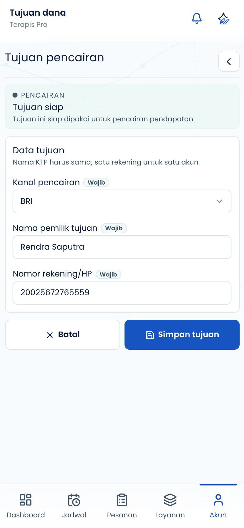 Halaman rekening pencairan