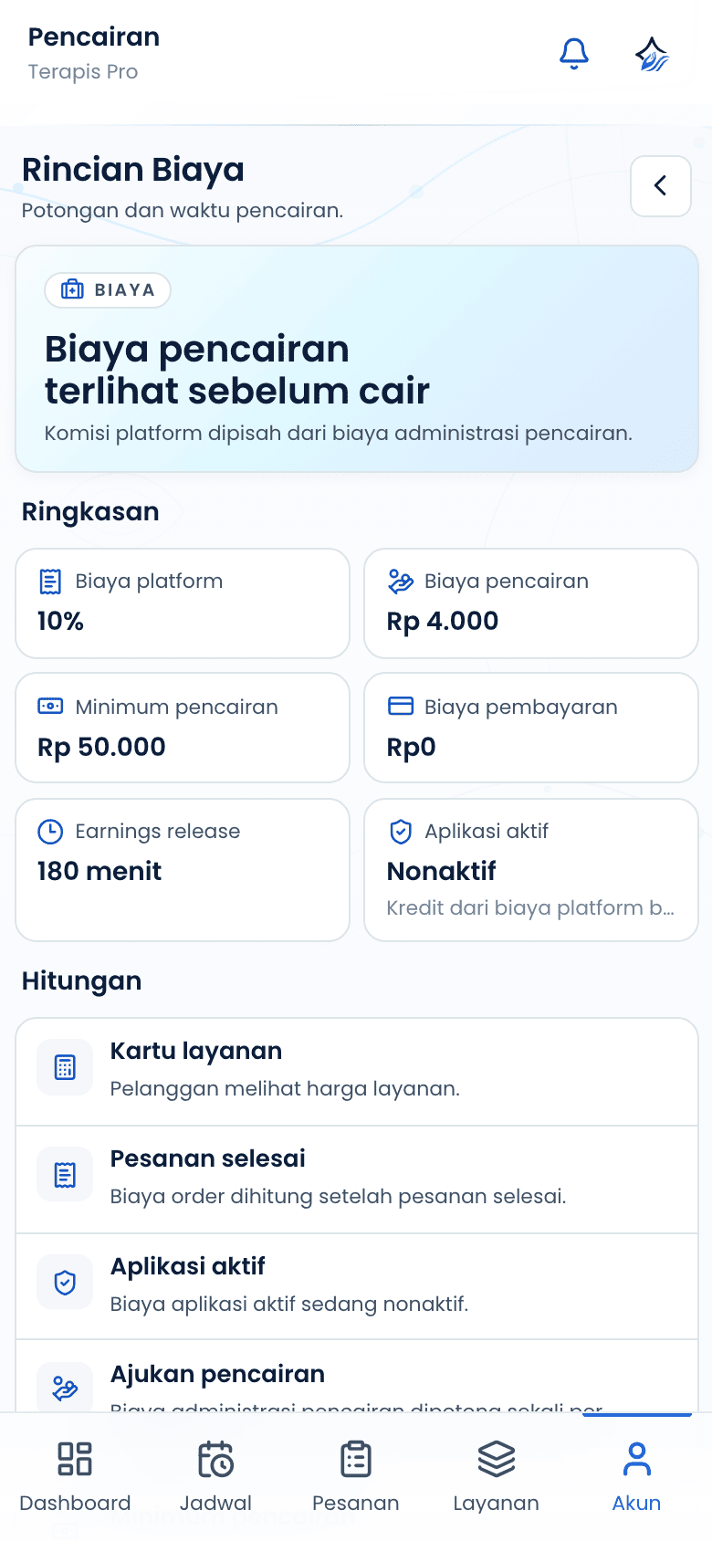 Halaman rincian biaya terapis
