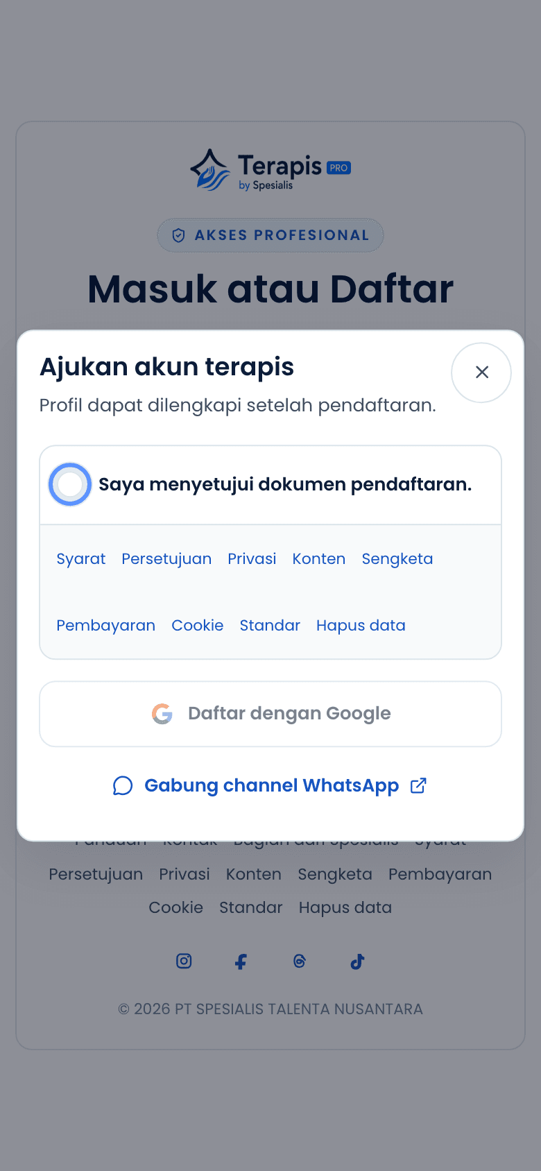 Dialog pendaftaran dengan persetujuan belum dicentang