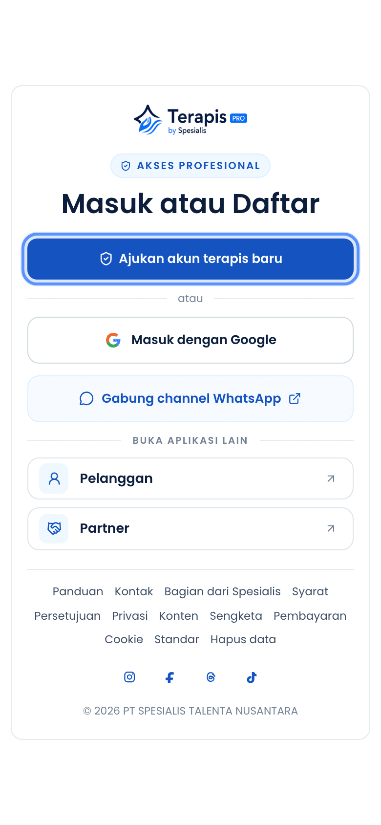 Halaman masuk atau daftar terapis