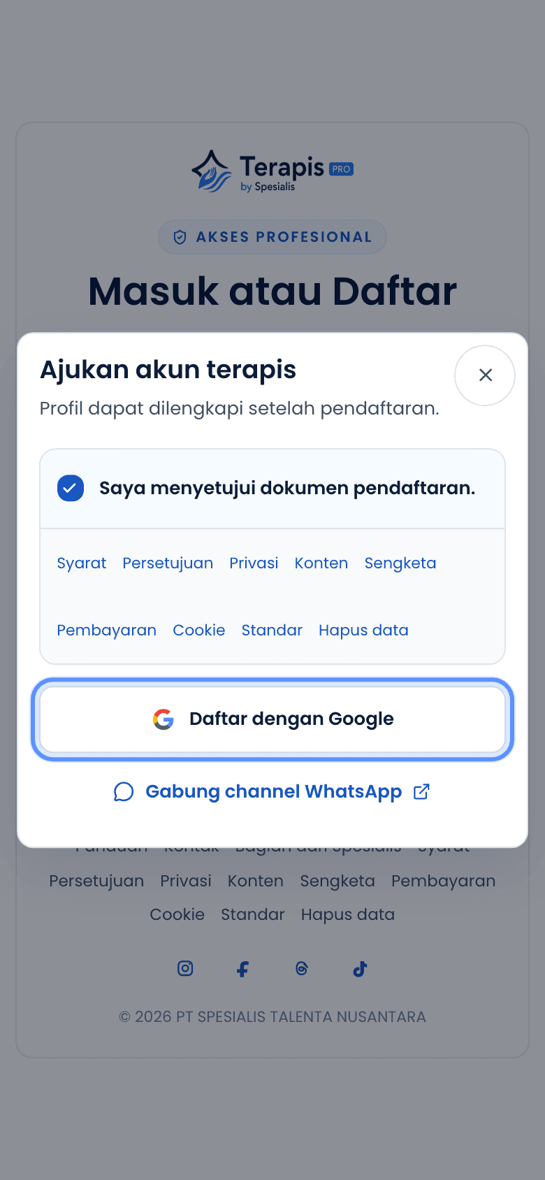 Dialog pendaftaran dengan persetujuan sudah dicentang