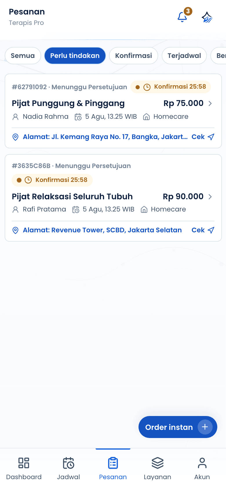 Daftar pesanan terapis dengan pesanan menunggu konfirmasi
