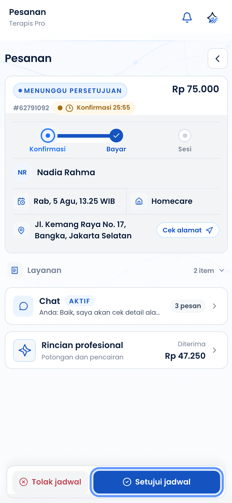 Detail pesanan dengan tombol terima