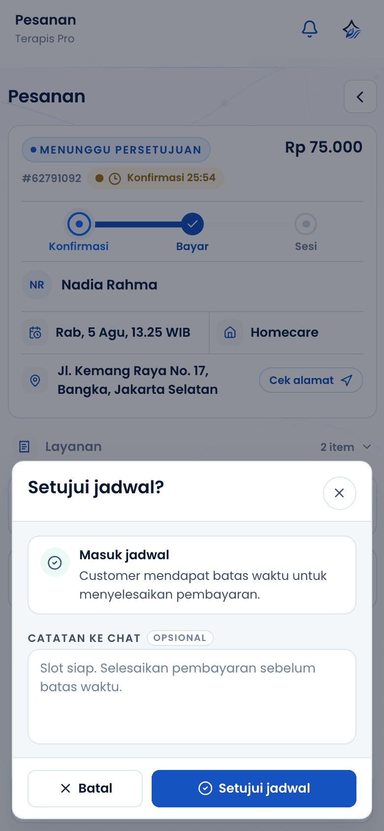 Dialog konfirmasi menerima pesanan