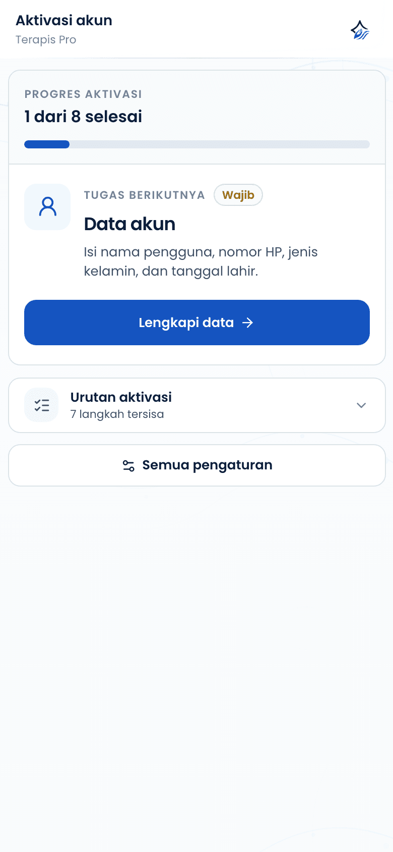 Halaman aktivasi akun dengan progres satu dari delapan