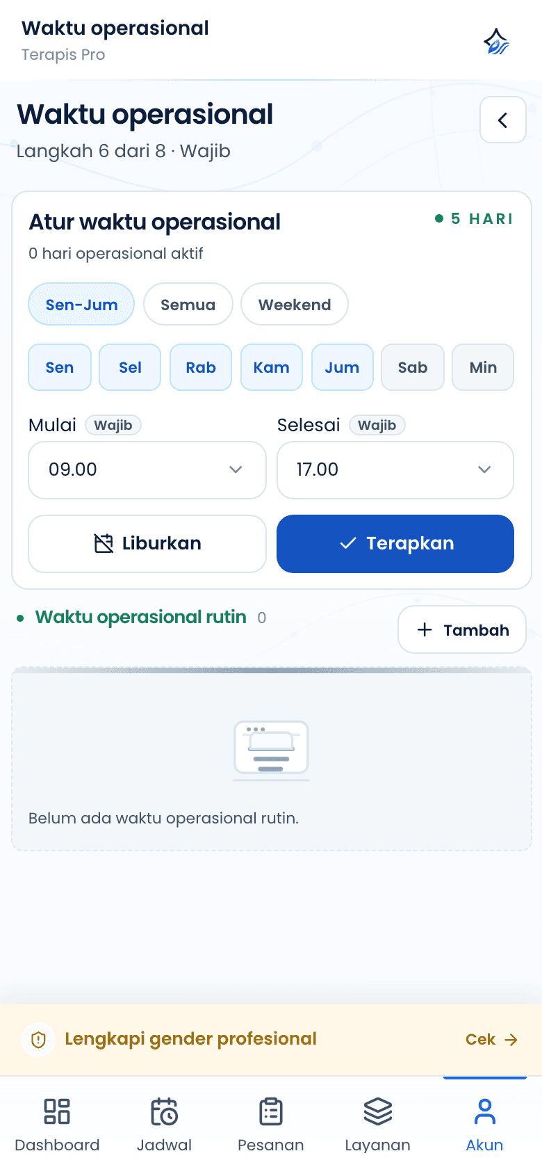 Halaman waktu operasional tanpa jadwal aktif