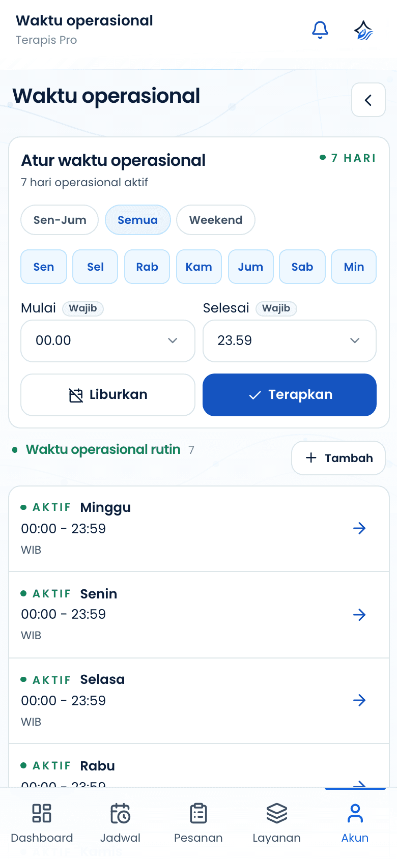 Daftar waktu operasional rutin yang sudah tersimpan