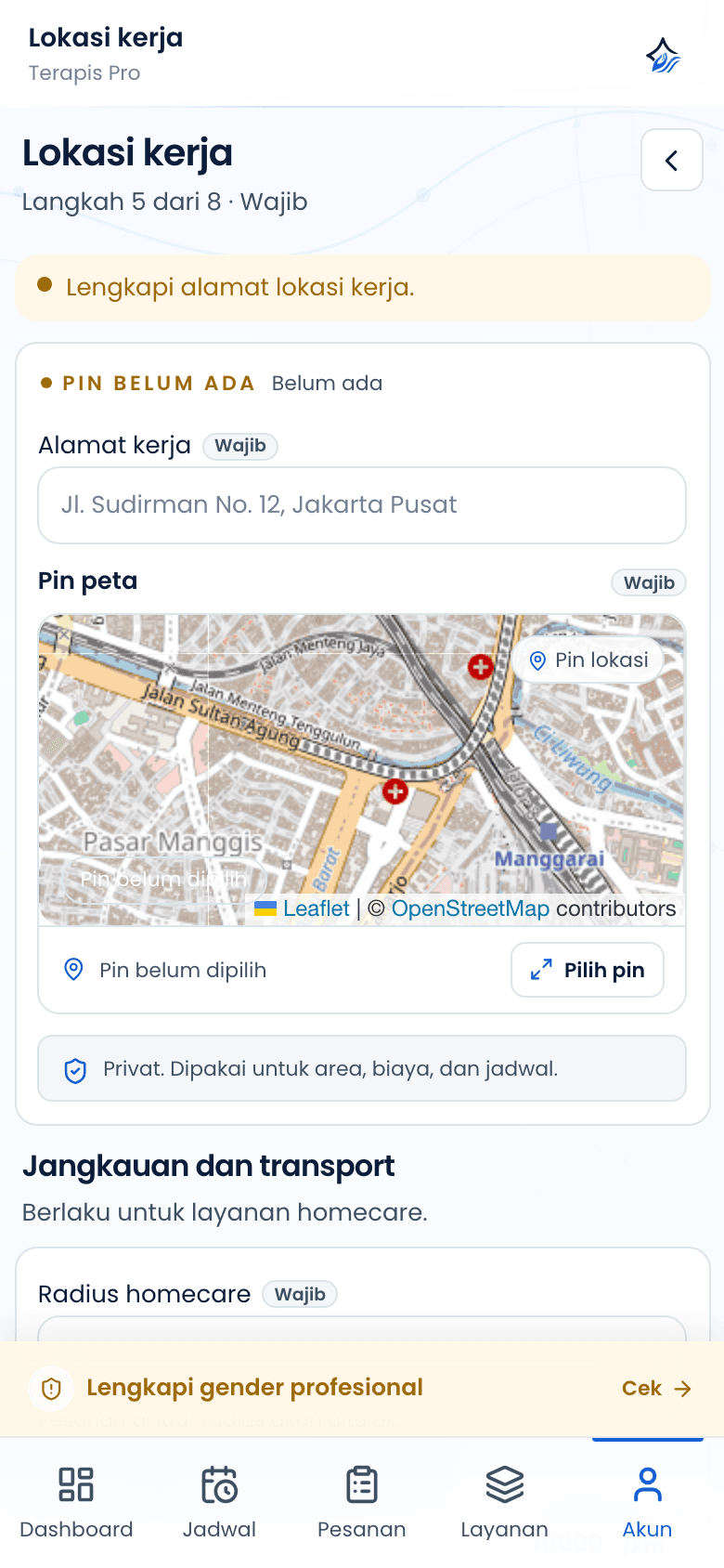 Halaman lokasi kerja sebelum pin dipilih
