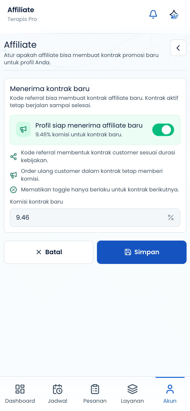 Halaman berbagi kode afiliasi