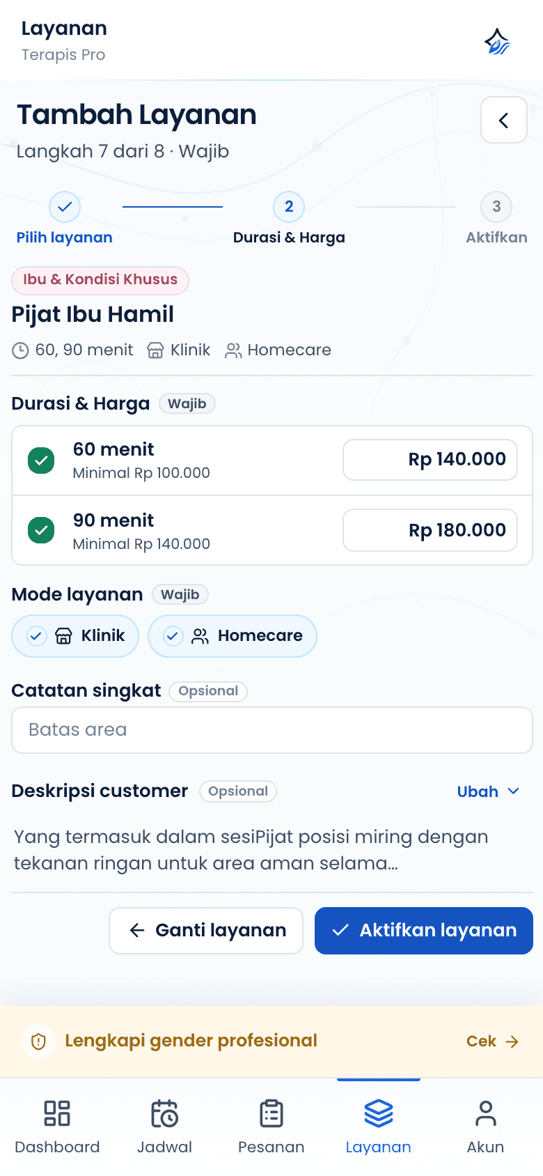 Tahap pengisian durasi dan harga layanan