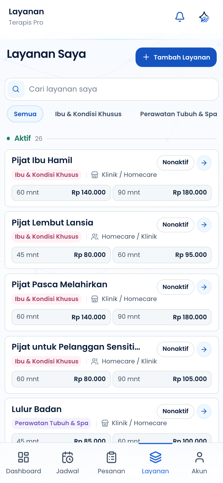 Daftar layanan terapis dengan harga dan durasi
