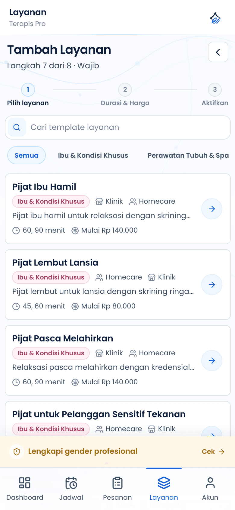 Tahap pilih template pada penambahan layanan