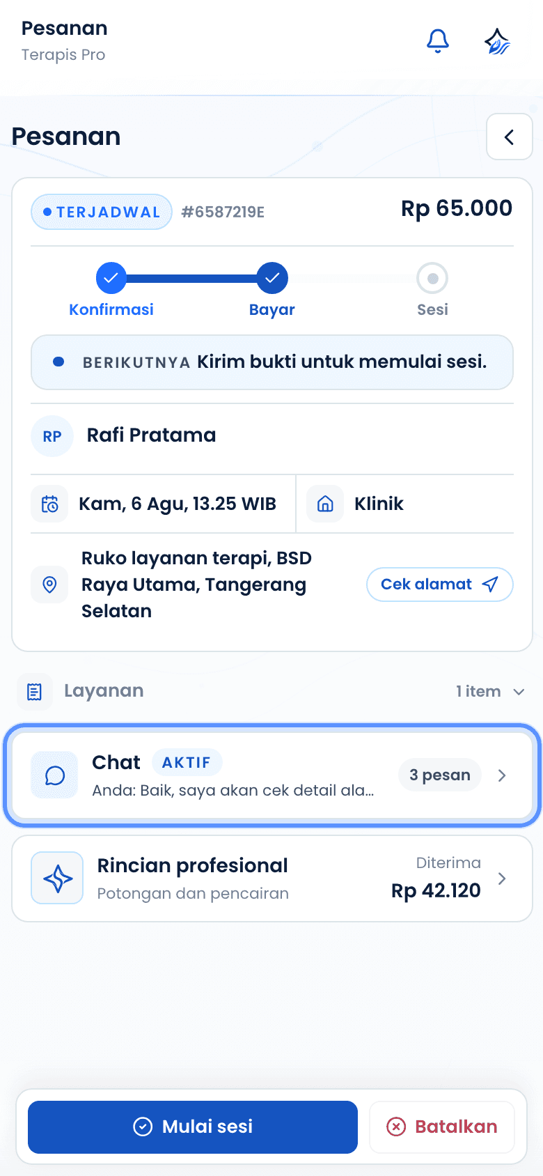 Detail pesanan dengan tombol chat