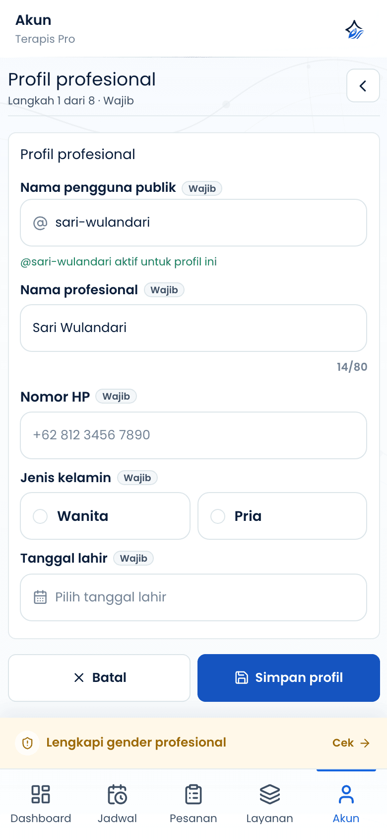 Formulir profil profesional sebelum diisi