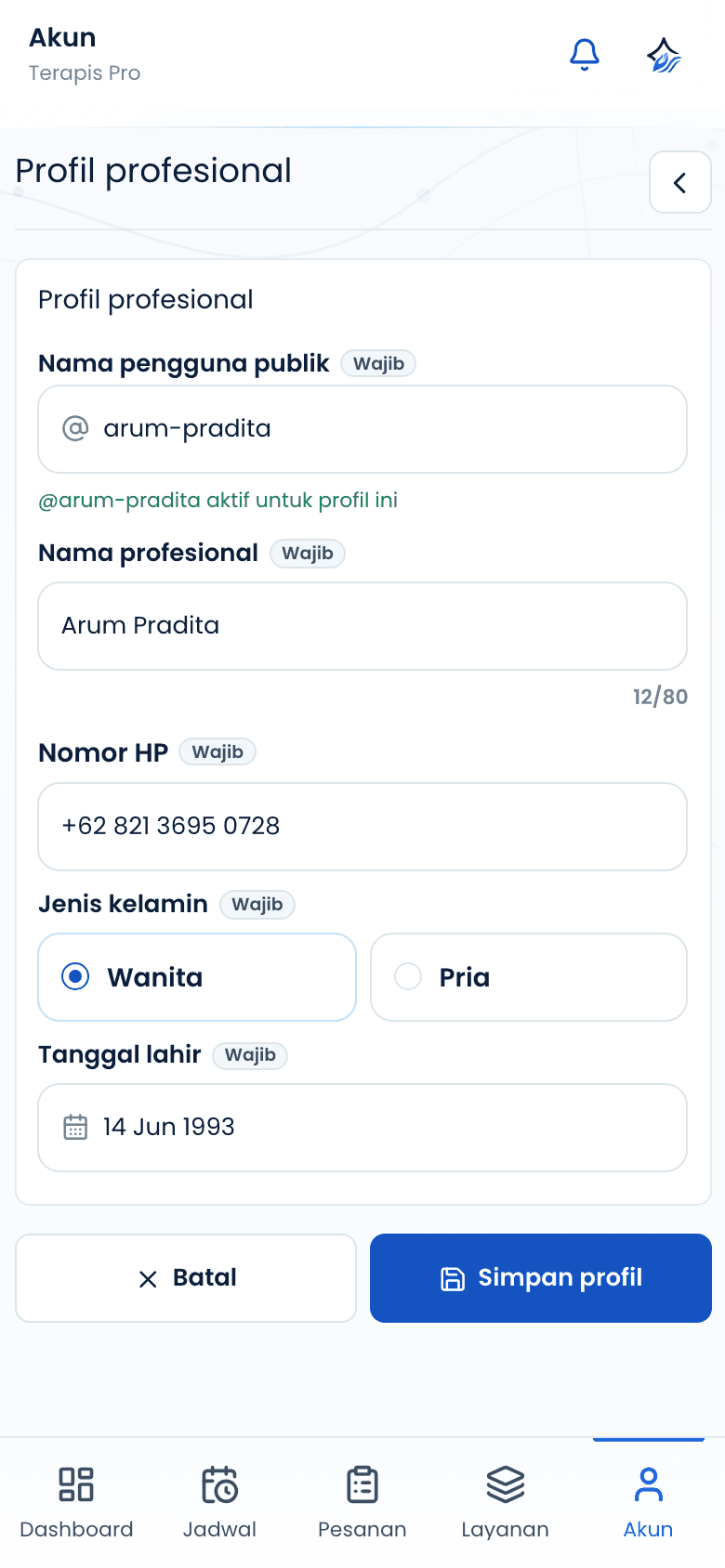 Formulir profil profesional yang sudah terisi lengkap