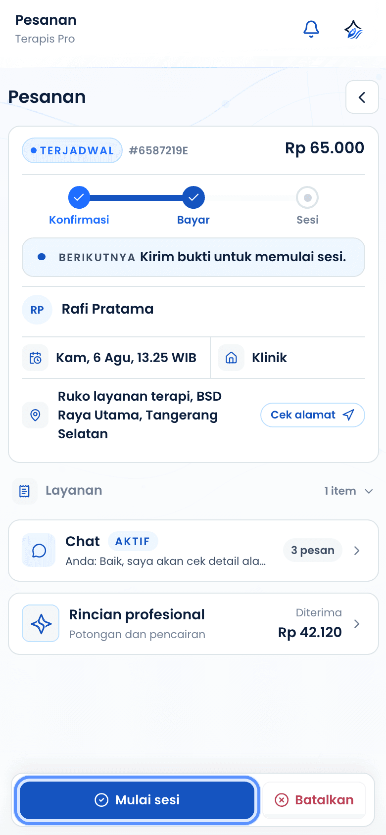 Detail pesanan terjadwal dengan tombol mulai sesi