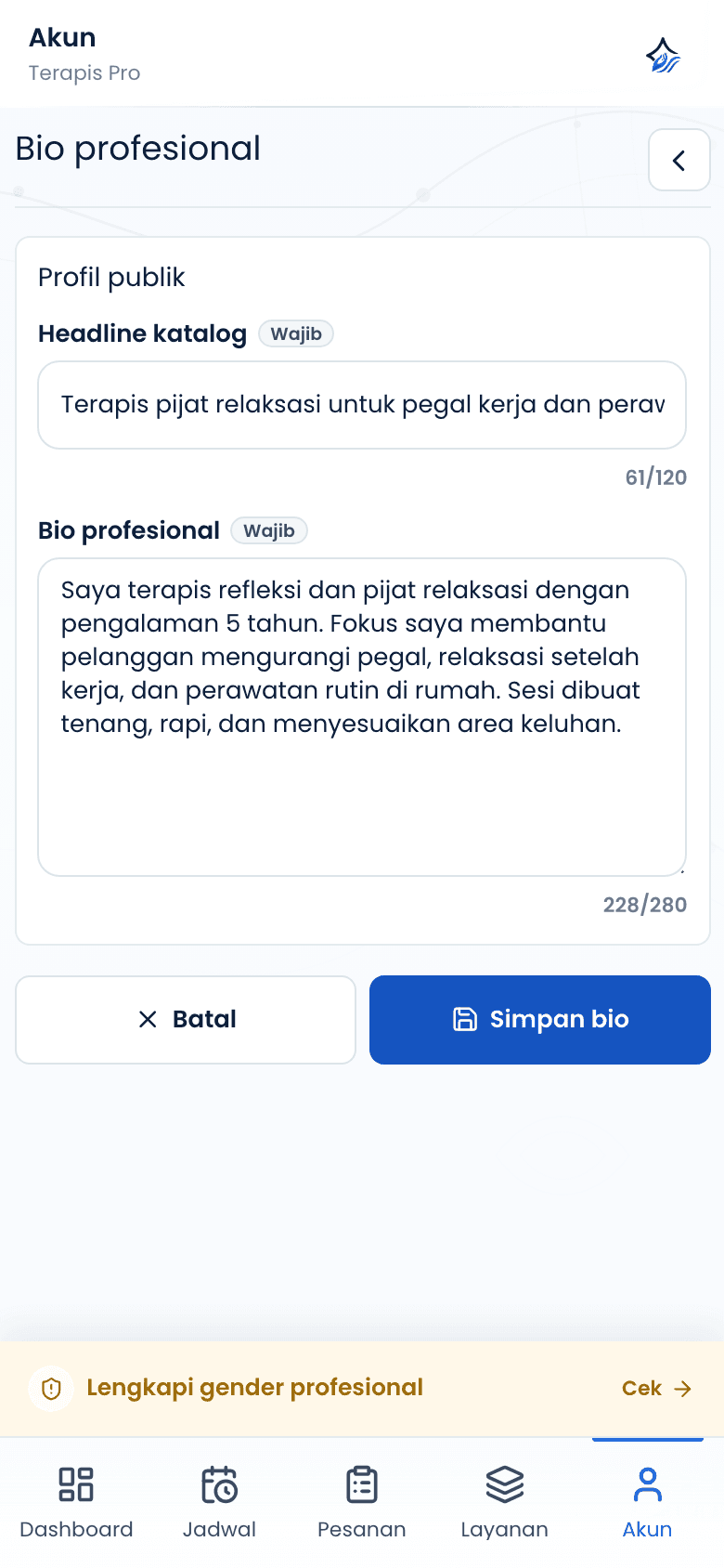 Formulir bio katalog dengan headline dan bio